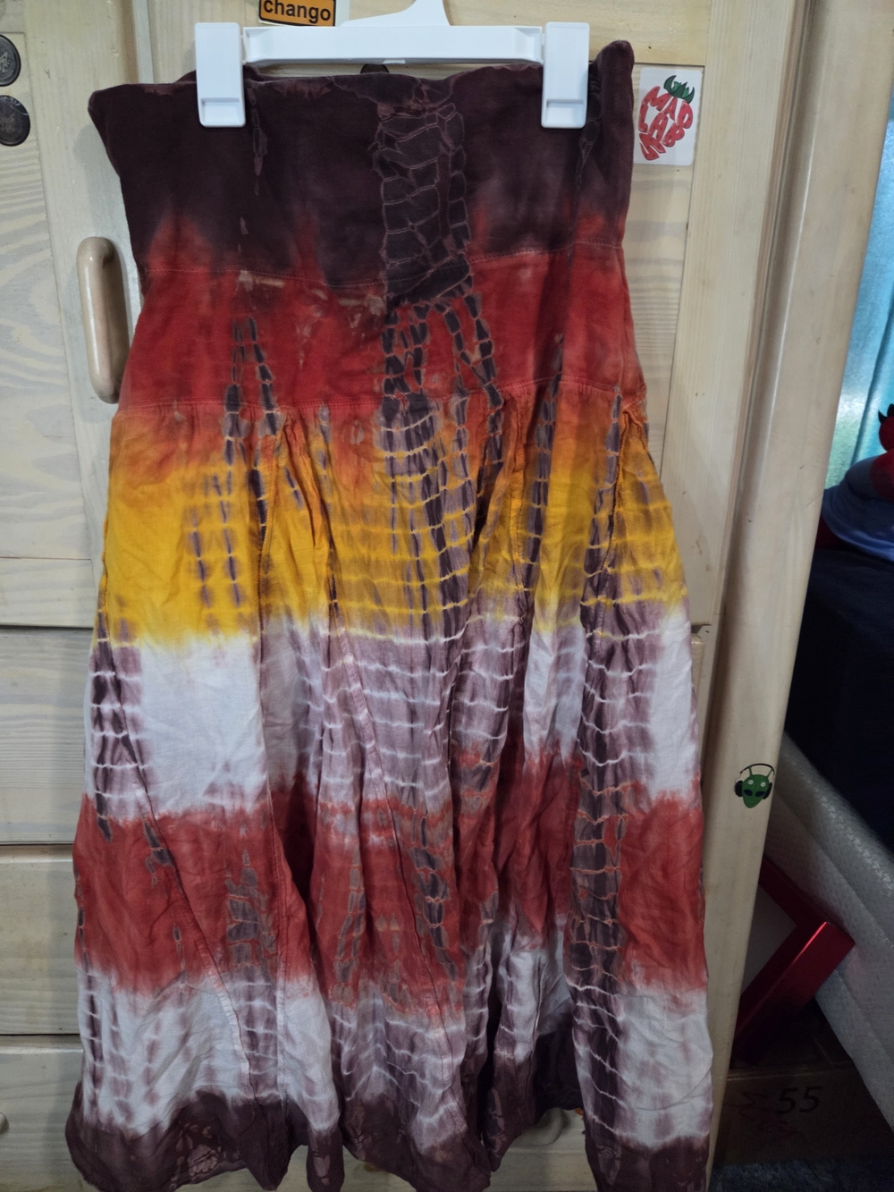 Boho Tie-Dye Strapless Maxi Dress/Skirt in Red, Yellow & Brown